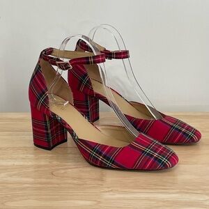 J. Crew Women's 8.5 Red Stewart Tartan Plaid Ankle Strap Block Heel Shoes EUC